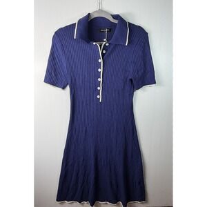 Merokeety Ribbed Knit Polo Sweater Dress Womens Medium Navy VNeck Bodycon Autumn